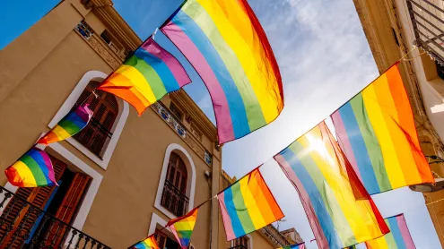 Calle con banderas del orgullo LGBTQI+, Sitges, Cataluña, España (© Alexander Spatari/Getty Images)