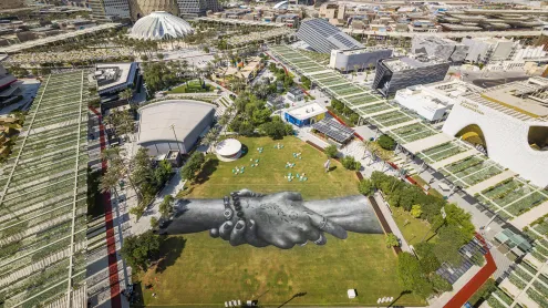 'Beyond Walls' land-art installation by Saype at Expo 2020 Dubai, United Arab Emirates (© VALENTIN FLAURAUD/EPA-EFE/Shutterstock)