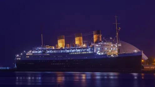 Night view of the RMS Queen Mary, Long Beach, California (© Kit Leong/Shutterstock)
