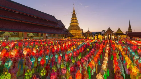 Colorful lanterns at the temple of Wat Phra That Hariphunchai, Lamphun, Thailand (© MR. ANUJAK JAIMOOK/Getty Images)