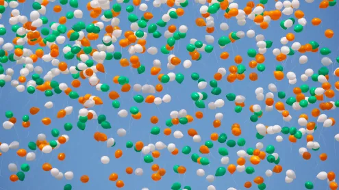 Balloons released during the 2021 Republic Day parade in New Delhi (© T. Narayan/Bloomberg/Getty Images)