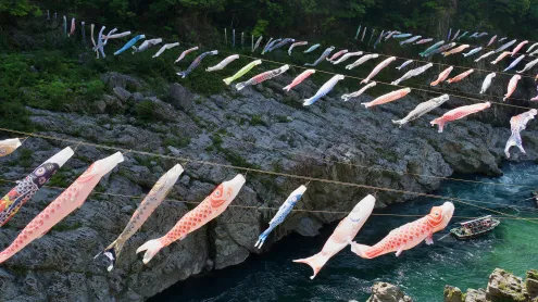 大歩危峡に泳ぐ鯉のぼり, 徳島県 (© fz750/Getty Images)