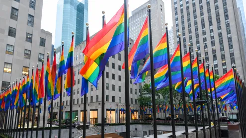 Rainbow flags at Rockefeller Center on June 28, 2020, New York City (© Noam Galai/Getty Images)