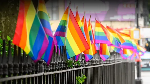 Pride flags at Christopher Park, Stonewall National Monument, New York City (© Noam Galai/Getty Images)