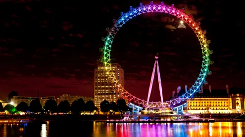 London Eye lit up with the rainbow colours during Pride Night (© Dosfotos/Axiom/Design Pics Inc/Alamy Stock Photo)