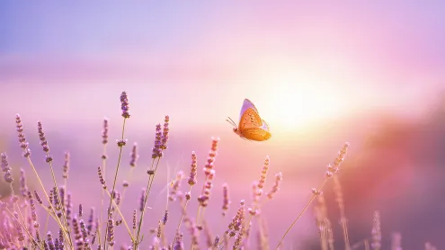 Papillon et fleur de lavande au lever du soleil, France (© Konstanttin/Getty Images)