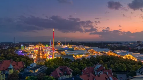 Oktoberfest in Munich, Germany, at sunset (© AllesSuper21/iStock/Getty Images)