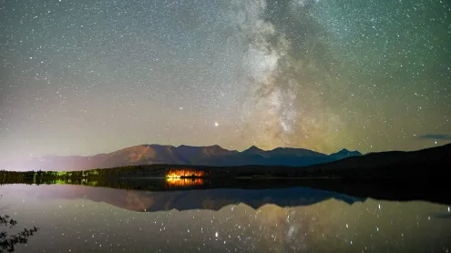 The Milky Way above Pyramid Lake, Jasper National Park, Alberta, Canada (© Salted Fish Studio/iStock/Getty Images)