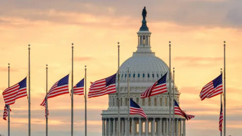 The US Capitol dome with flags flying at half-staff in honor of former President Jimmy Carter, Washington, DC (© J. David Ake/Getty Images)
