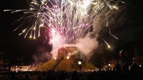 Fireworks at Clifford's Tower during the Jorvik Viking Festival (© Ian Forsyth/Stringer/Getty Images)