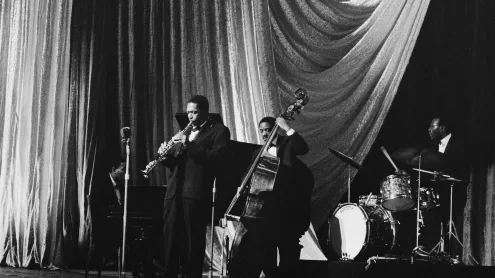 Jazz saxophonist John Coltrane and band performing in 1961 in London, England (© Popperfoto/Getty Images)